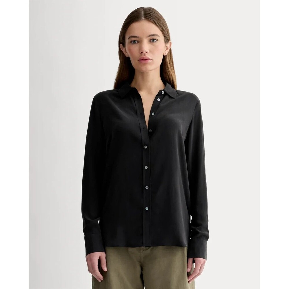 EVERLANE The Must Have Shirt In Washable Silk 12 Black Button-Up Relaxed NEW B33